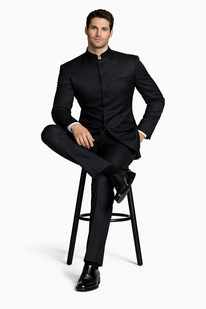 Mens Long Mandarin Collar Zoot Suit Black Tuxedo