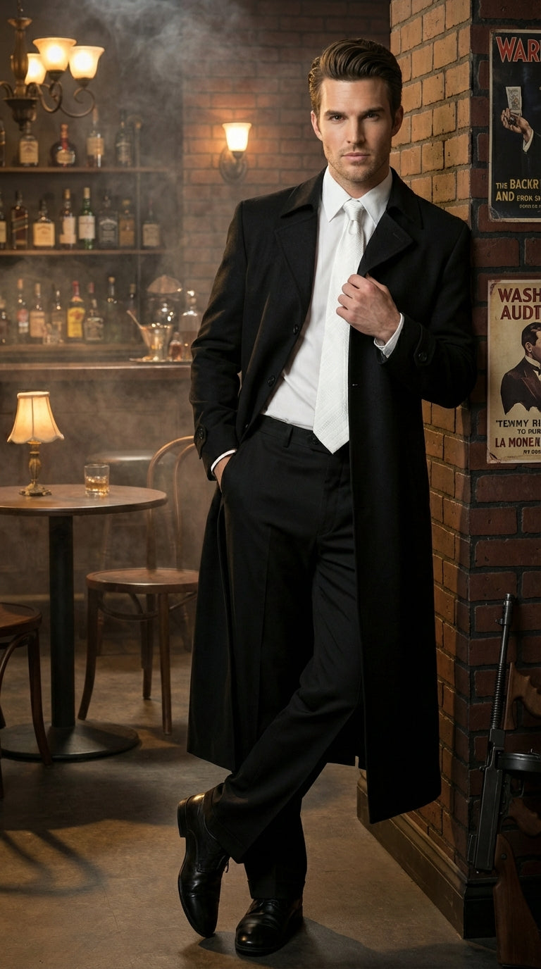 Men's Maxi Black Full Length Zoot Suit – Vintage Gangster Style Long Coat Formal Suit