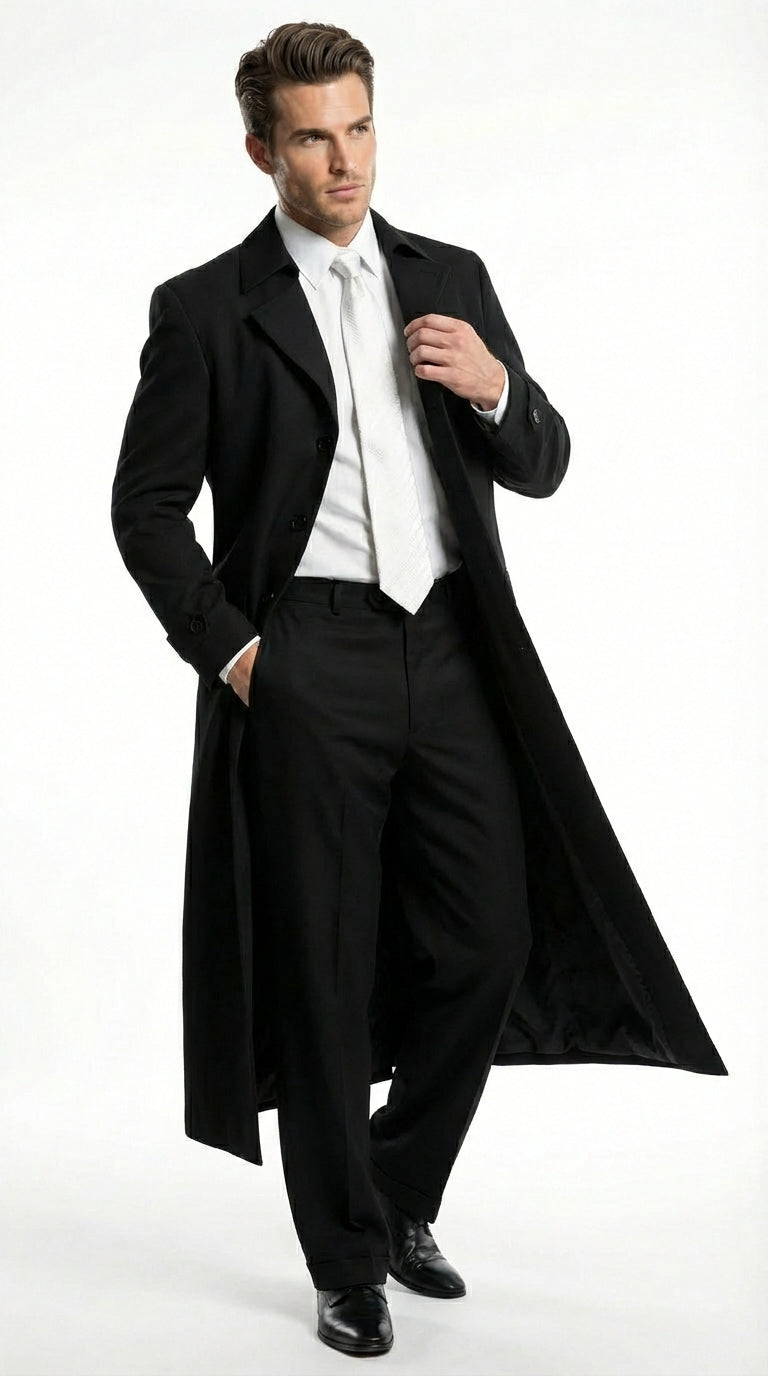 Men's Maxi Black Full Length Zoot Suit – Vintage Gangster Style Long Coat Formal Suit