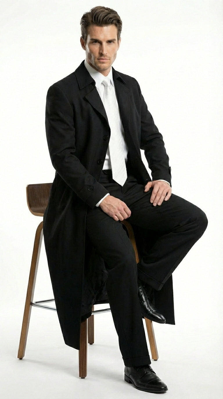 Men's Maxi Black Full Length Zoot Suit – Vintage Gangster Style Long Coat Formal Suit