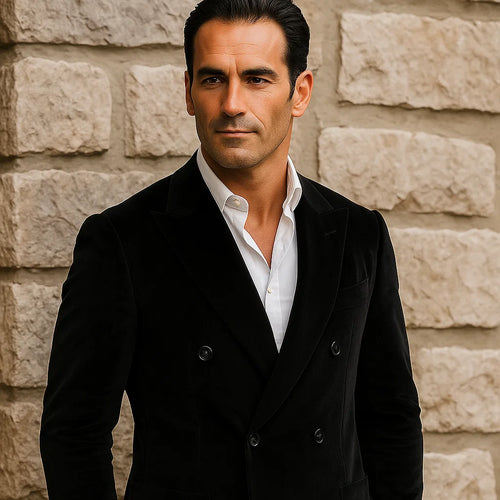 Double Breasted Black Velvet Blazer