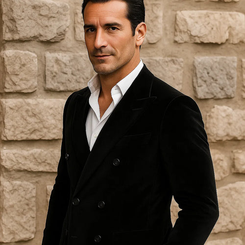 Double Breasted Black Velvet Blazer