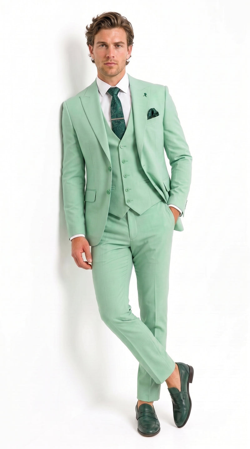 Mens Mint Green 3-Piece Suit – Slim Fit Wedding, Prom & Formal Suit with Matching Vest By Derman