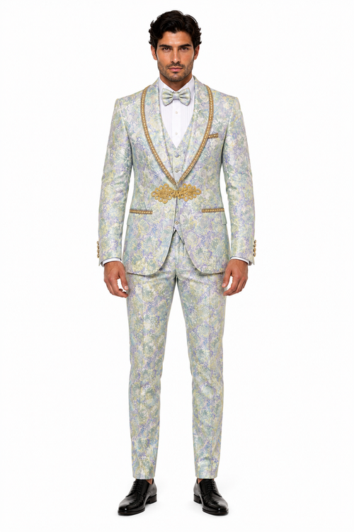 Men's Mint Green - Sage and Gold Trim Collar Floral Brocade Blazer with Gold Embellishments Prom Suit