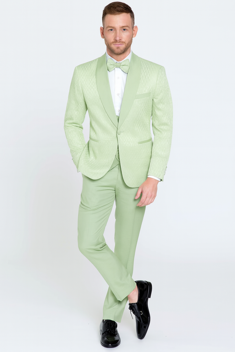 Men's slim-fit mint green tuxedo with shawl lapel. Includes matching sage bow tie & trousers. Textured jacket, tailored appearance.