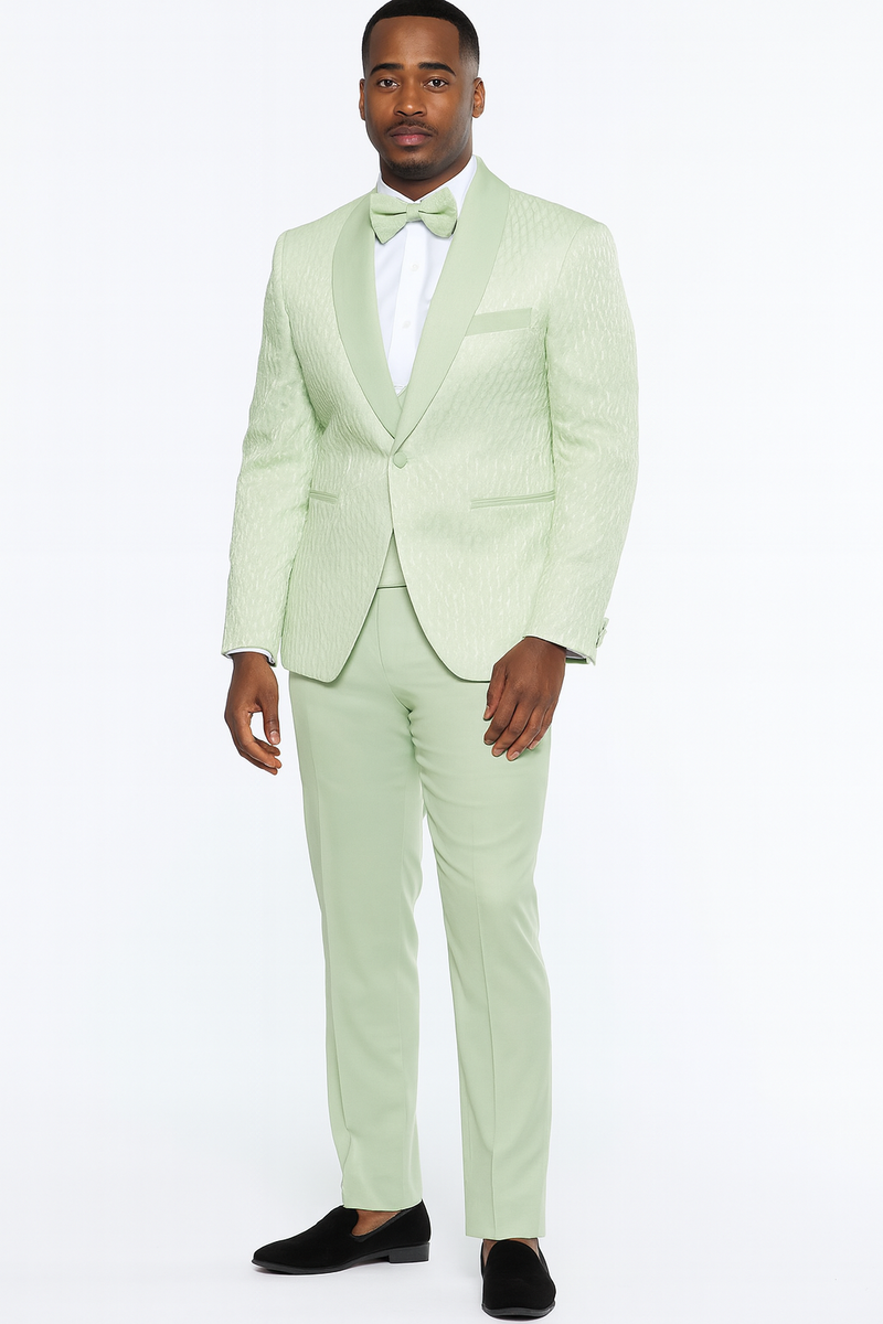Men's slim fit mint green tuxedo with shawl lapel and textured finish. Includes matching sage green bow tie.