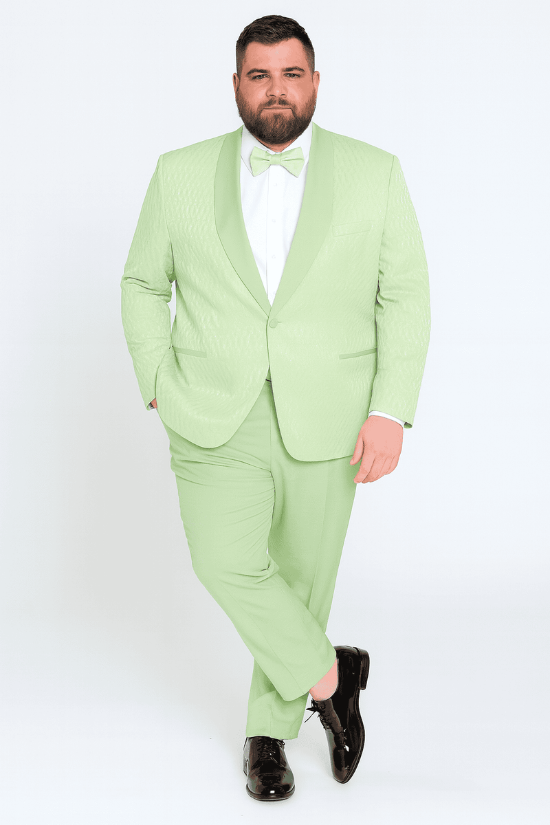 Men's slim-fit mint green tuxedo with shawl lapel. Includes a sage green bow tie and textured jacket finish. Stylish and modern.