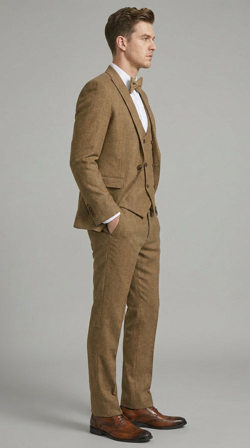 Mens Mocca Brown Taupe textured 1920s Great Gatsby Inspired Suit – Vintage Three Piece Retro Formal Suit Peak Lapel