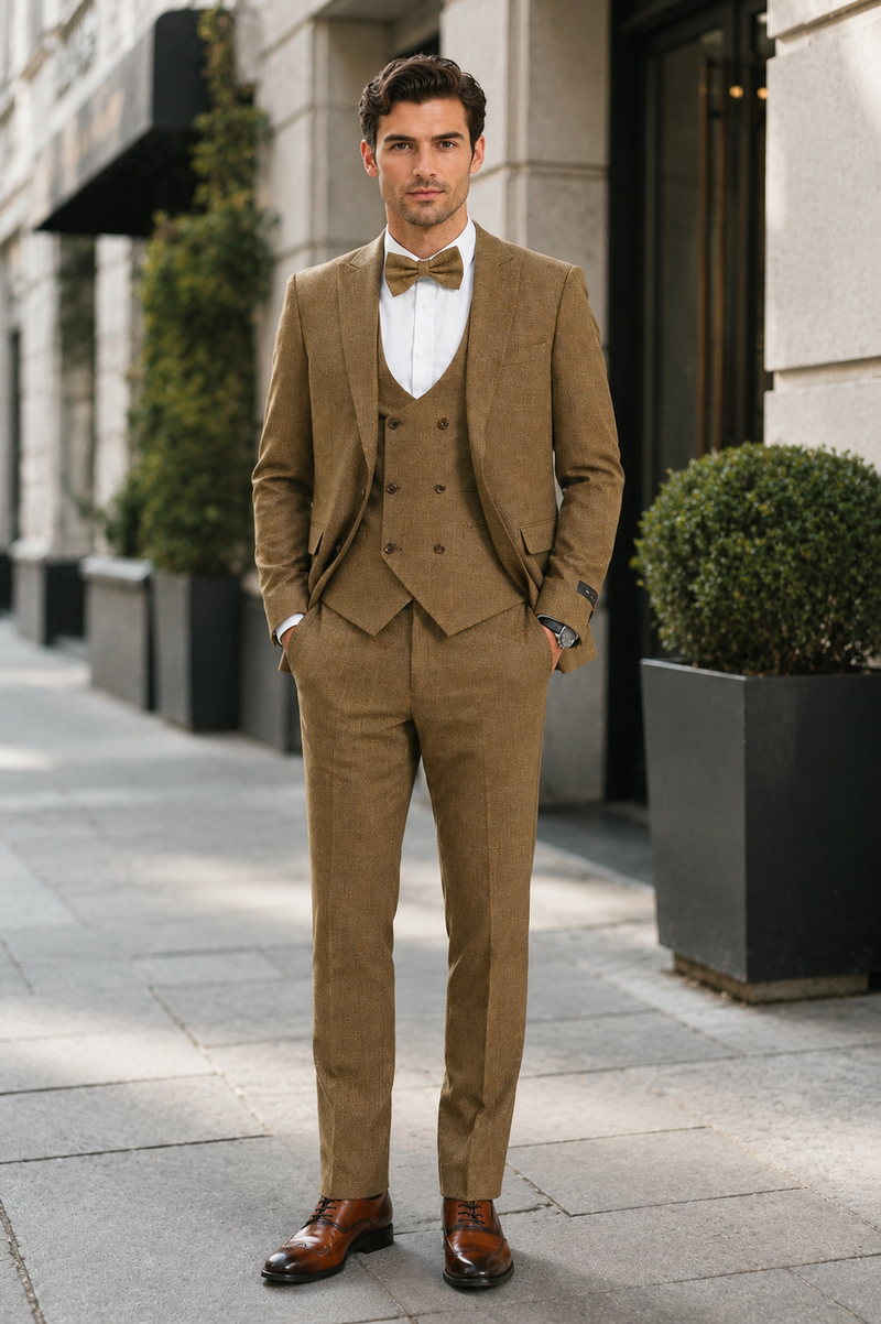 Mens Mocca Brown Taupe textured 1920s Great Gatsby Inspired Suit – Vintage Three Piece Retro Formal Suit Peak Lapel