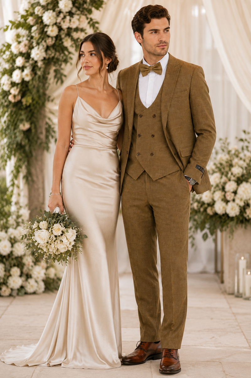 Mens Mocca Brown Taupe textured 1920s Great Gatsby Inspired Suit – Vintage Three Piece Retro Formal Suit Peak Lapel