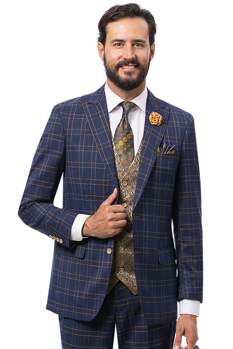 Marc Darcy wedding suit: Modern fit, deep blue with light brown double windowpane plaid. Features notch lapel, two front pockets on the coat. Trousers match. Fine-textured fabric.