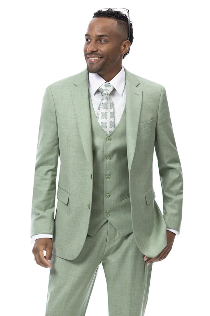 EJ Samuel Mens Modern Fit Sharkskin Vested Suit in Moss Green