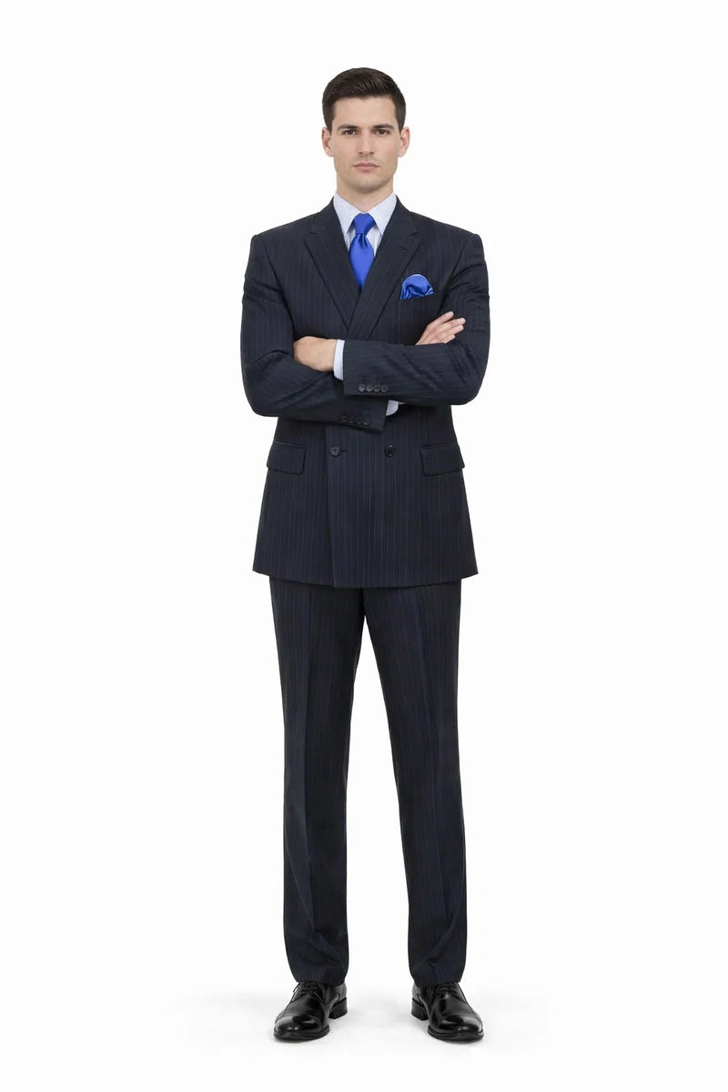 Mens Navy Blue Double Breasted Pinstripe Suit - Peak Lapel Side Vented and Pleated Pants