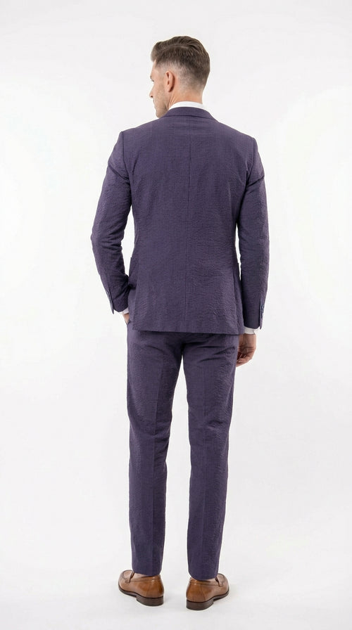 Mens Navy Blue Seersucker Suit – Cotton Fabric Shadow Pattern Ton on Tone Textured Two Button Notch Lapel Formal Summer Suit