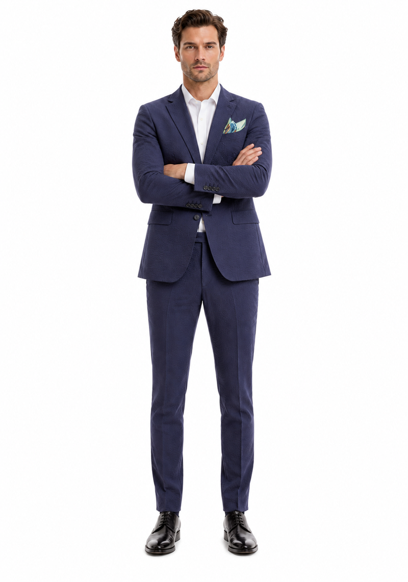 Mens Navy Blue Seersucker Suit – Cotton Fabric Shadow Pattern Ton on Tone Textured Two Button Notch Lapel Formal Summer Suit
