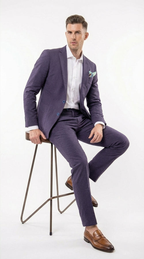 Mens Navy Blue Seersucker Suit – Cotton Fabric Shadow Pattern Ton on Tone Textured Two Button Notch Lapel Formal Summer Suit