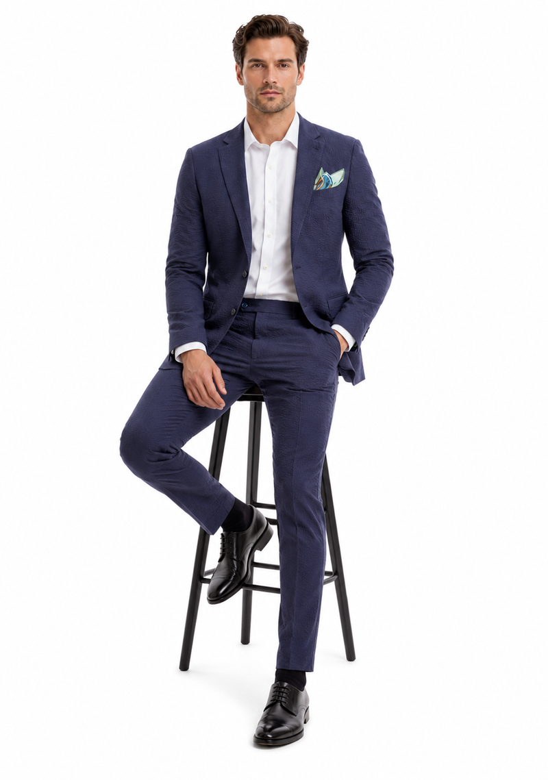 Mens Navy Blue Seersucker Suit – Cotton Fabric Shadow Pattern Ton on Tone Textured Two Button Notch Lapel Formal Summer Suit