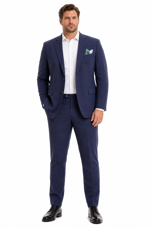 Mens Navy Blue Seersucker Suit – Cotton Fabric Shadow Pattern Ton on Tone Textured Two Button Notch Lapel Formal Summer Suit