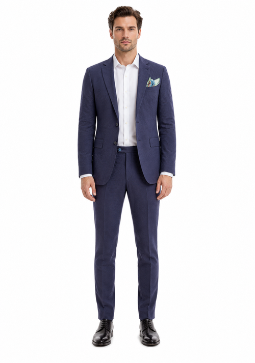 Mens Navy Blue Seersucker Suit – Cotton Fabric Shadow Pattern Ton on Tone Textured Two Button Notch Lapel Formal Summer Suit