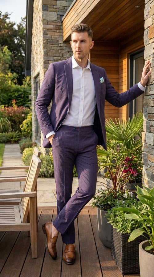 Mens Navy Blue Seersucker Suit – Cotton Fabric Shadow Pattern Ton on Tone Textured Two Button Notch Lapel Formal Summer Suit