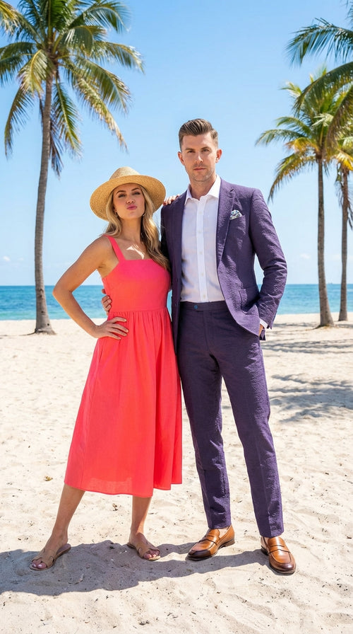 Mens Navy Blue Seersucker Suit – Cotton Fabric Shadow Pattern Ton on Tone Textured Two Button Notch Lapel Formal Summer Suit