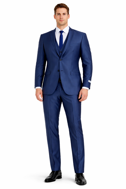 Mens Navy Blue Shiny Finish 3-Piece Suit Set Premium Tailored Fit Formal Wedding and Party Sateen Slim Fitted Suit