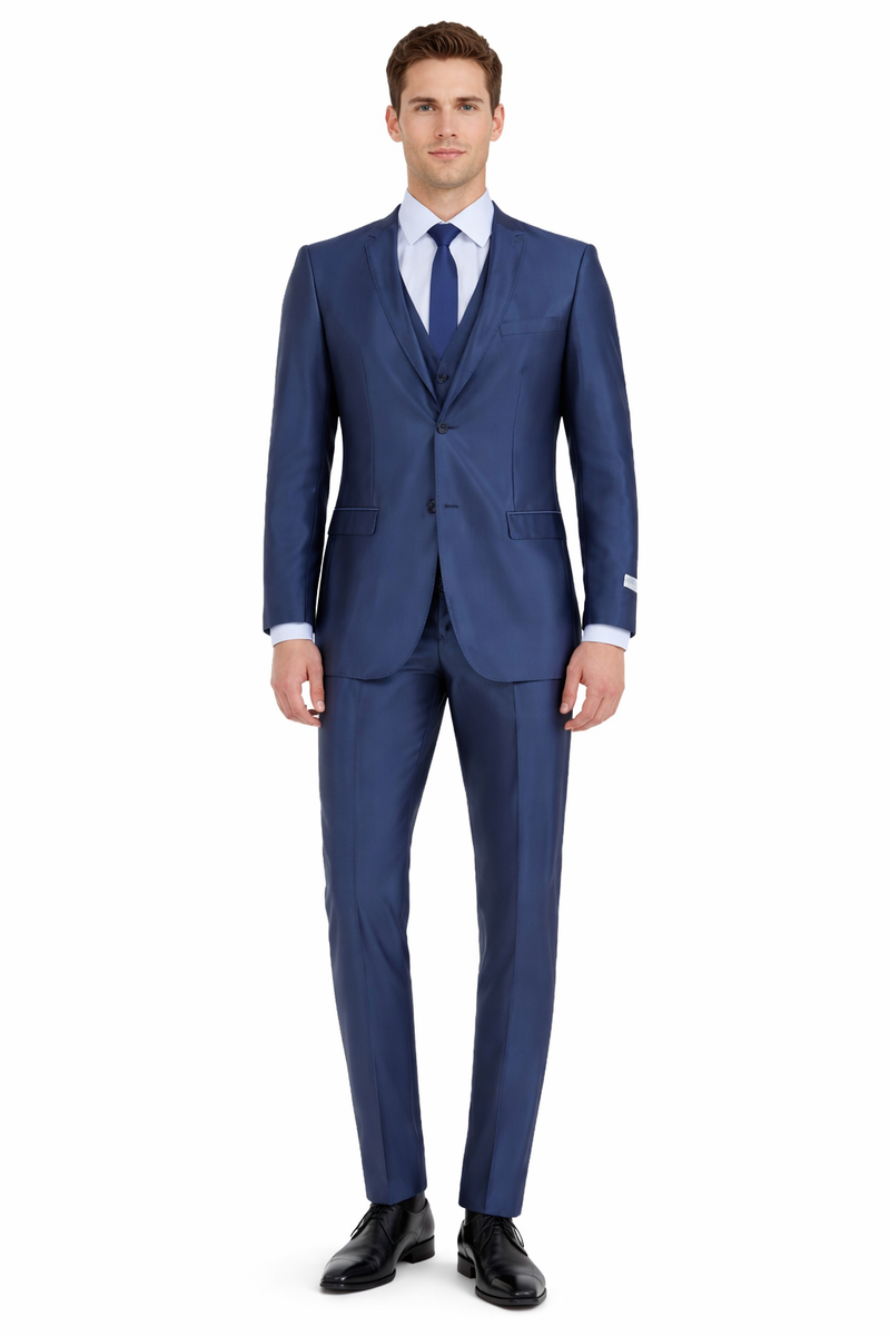 Mens Navy Blue Shiny Finish 3-Piece Suit Set Premium Tailored Fit Formal Wedding and Party Sateen Slim Fitted Suit