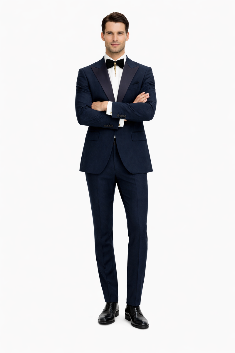 Men’s Navy Blue Suits with Satin Peak Lapel – Formal 2-Piece Set