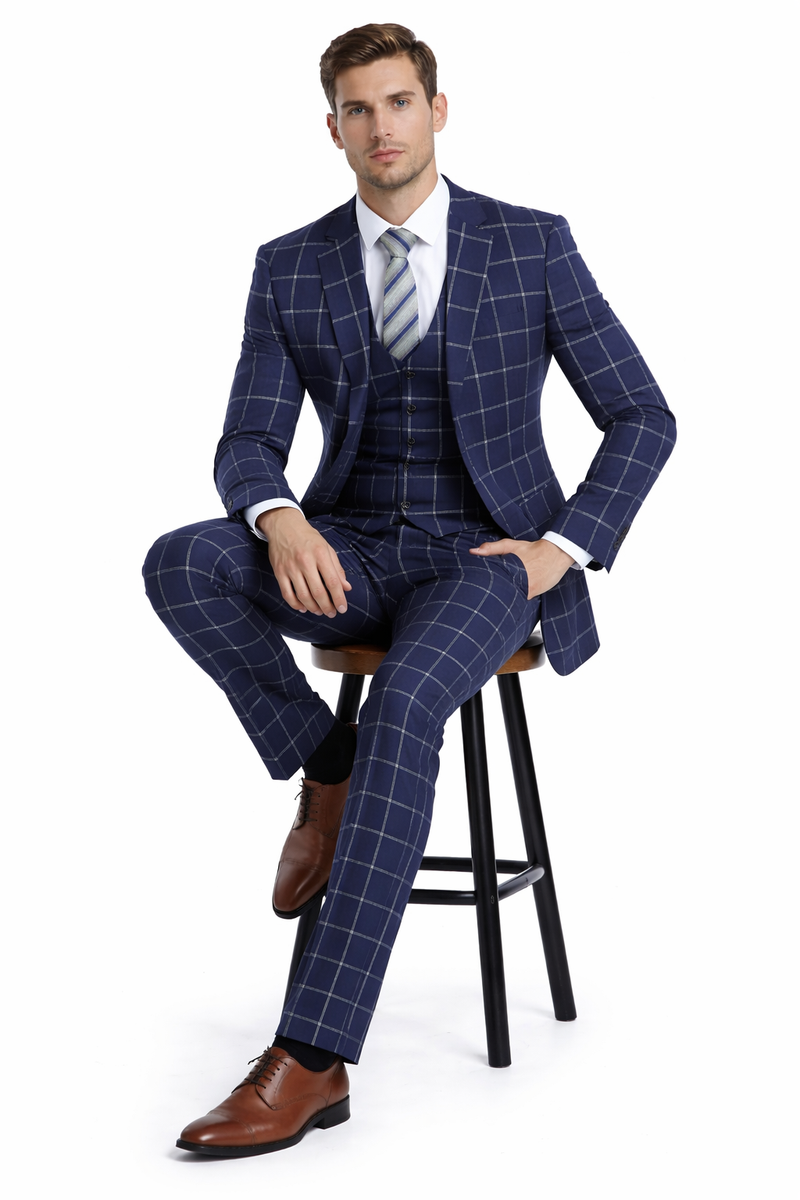 Men’s Navy Blue Windowpane Check Three Piece Suit – Modern Plaid Formal Vested Suit