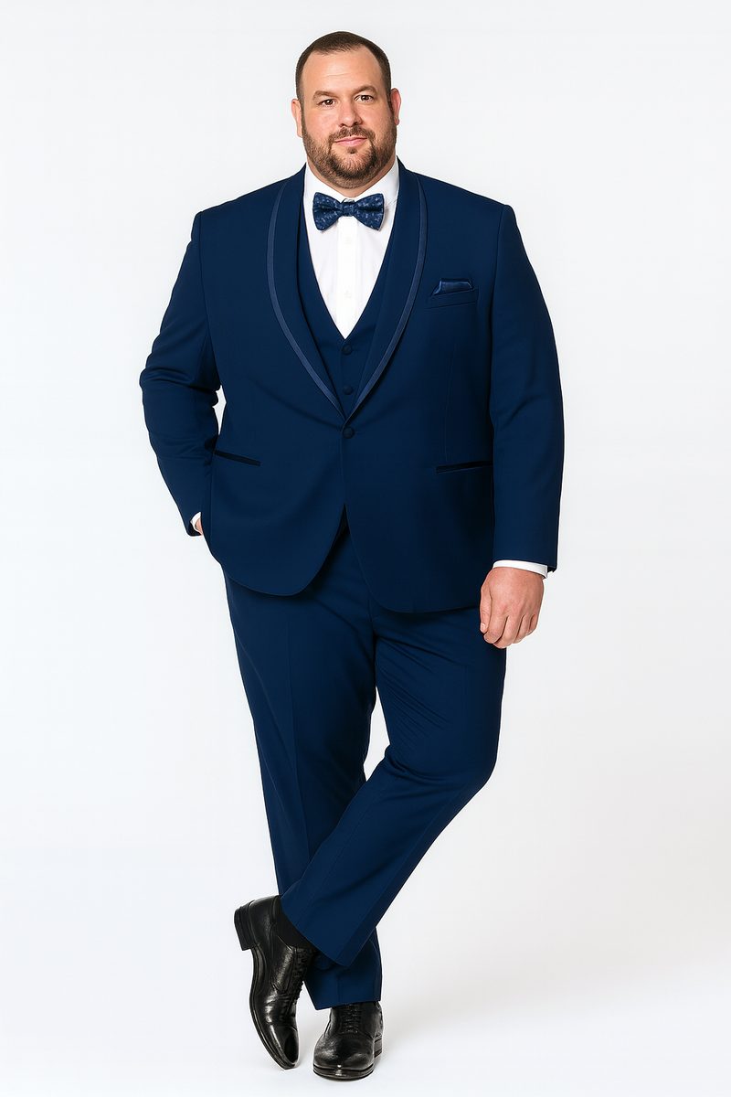 Navy three-piece tuxedo with satin shawl lapel & blue trim. Includes white dress shirt, matching bow tie, tailored trousers, and vest. Perfect formal wear.