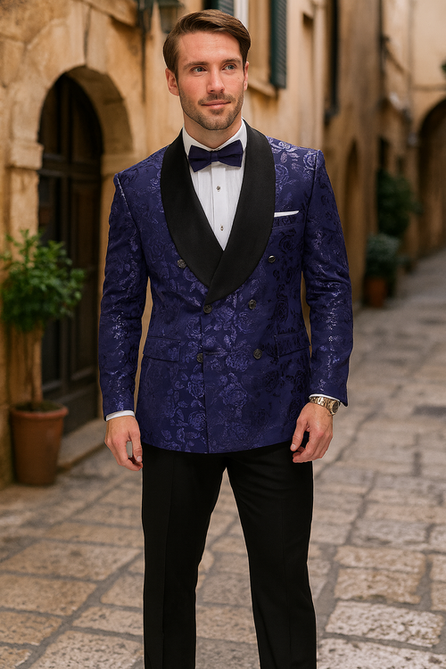 Navy floral jacquard tuxedo jacket. Double-breasted, black shawl lapel, shiny navy floral pattern. Structured fit, two side pockets, gold buttons.