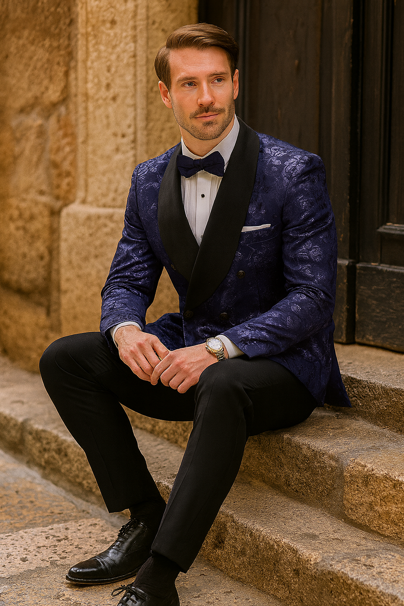 Navy floral jacquard tuxedo jacket. Double-breasted, black shawl lapel. Textured blue floral pattern. Tailored fit, structured shoulders. Features front & breast pockets with white pocket square.