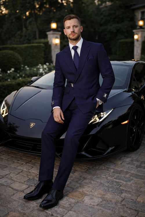 Men’s Navy Blue Double Breasted Wool Suit with Signature Buckle Closure Designer Tailored Fit