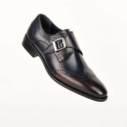 Mens Leather Wingtip Monk Strap Dress Shoe in Brown & Navy