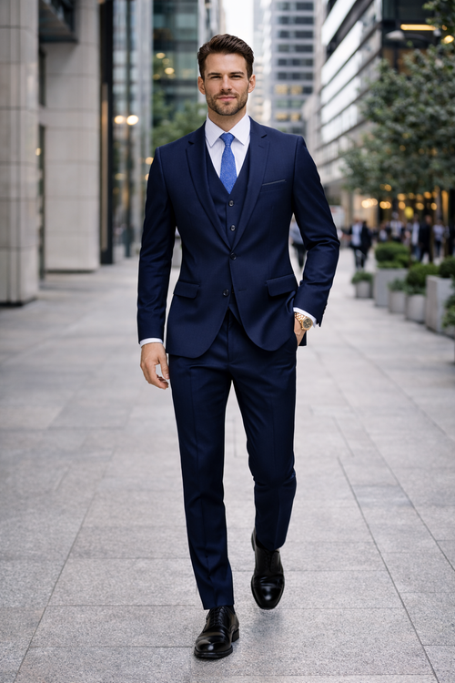 Mens 2 Button Skinny Vested Wool Navy Blue Suit