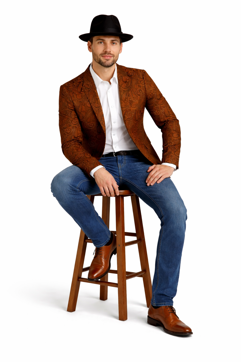 Mens Notch Lapel Paisley Blazer Copper