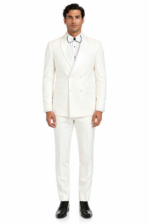 Mens Off-White Double Breasted Tuxedo Jacket with Shawl Lapel | Formal Wedding Suit in Ivory Cream Color