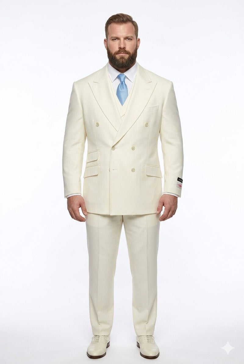 Tiglio Italian Suit - Real Wool Fabric Super 150's EST Off-White, Wide Leg Suit & Vest in Color Off-White