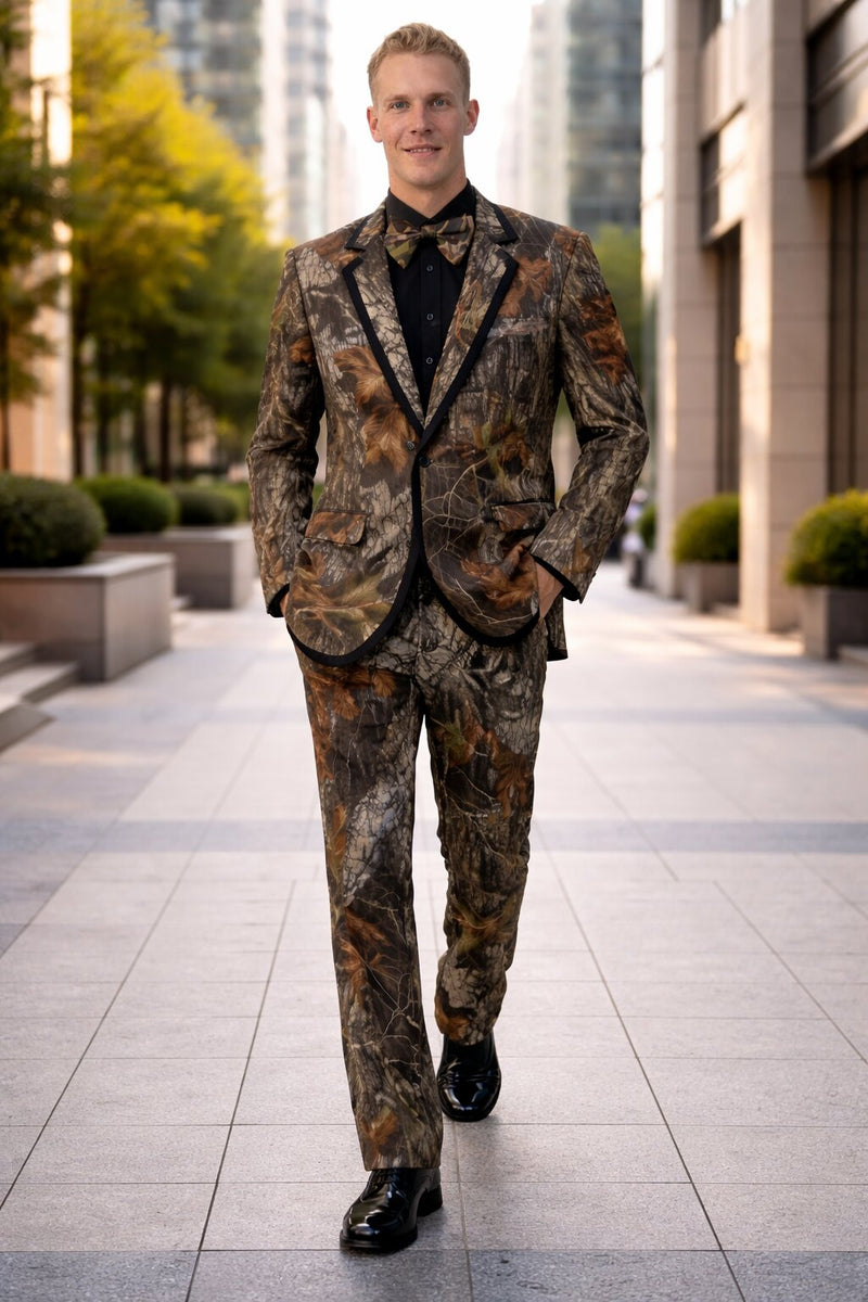 Army Green Tuxedo - Camouflage Patterned - Two Toned Vested Olive Camo Single Breasted 2 Button One Chest Pocket Tuxedo