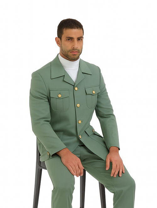 Mens Olive Green Safari Suit Set with Utility Jacket and Adjustable Waist Pants