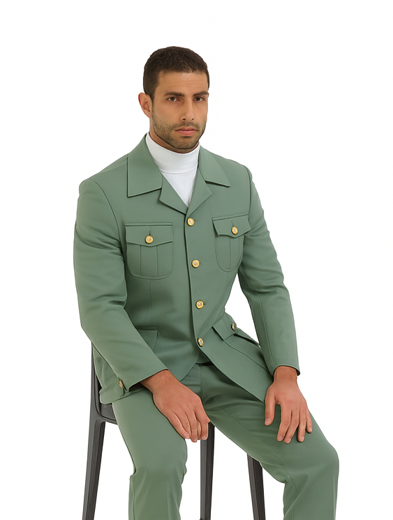 Mens Olive Green Safari Suit Set with Utility Jacket and Adjustable Waist Pants