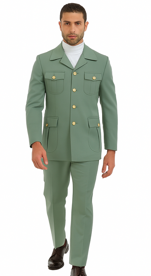 Mens Olive Green Safari Suit Set with Utility Jacket and Adjustable Waist Pants