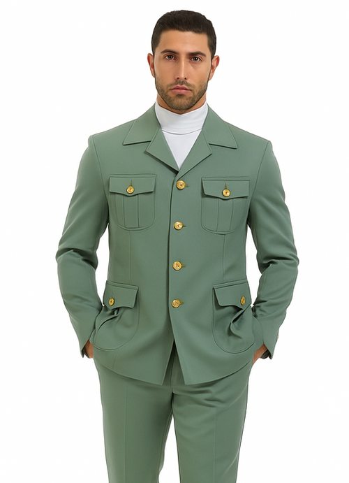 Mens Olive Green Safari Suit Set with Utility Jacket and Adjustable Waist Pants