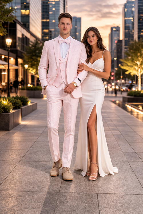 Men's One Button Double Breasted Vest Notch lapel Prom and Wedding Pink Suit