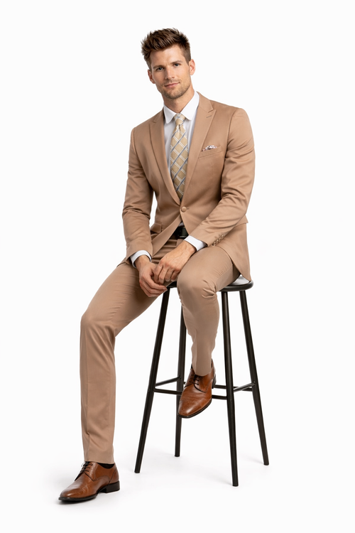 Men's One Button Peak Lapel Basic Slim Fit Suit In Dark Taupe