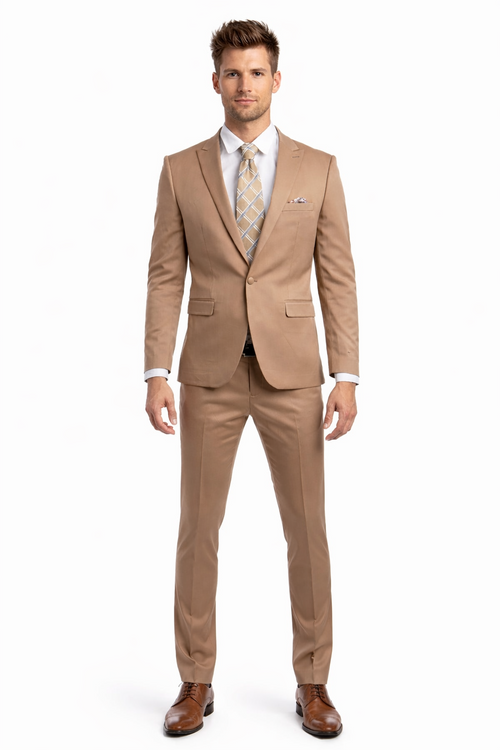 Men's One Button Peak Lapel Basic Slim Fit Suit In Dark Taupe