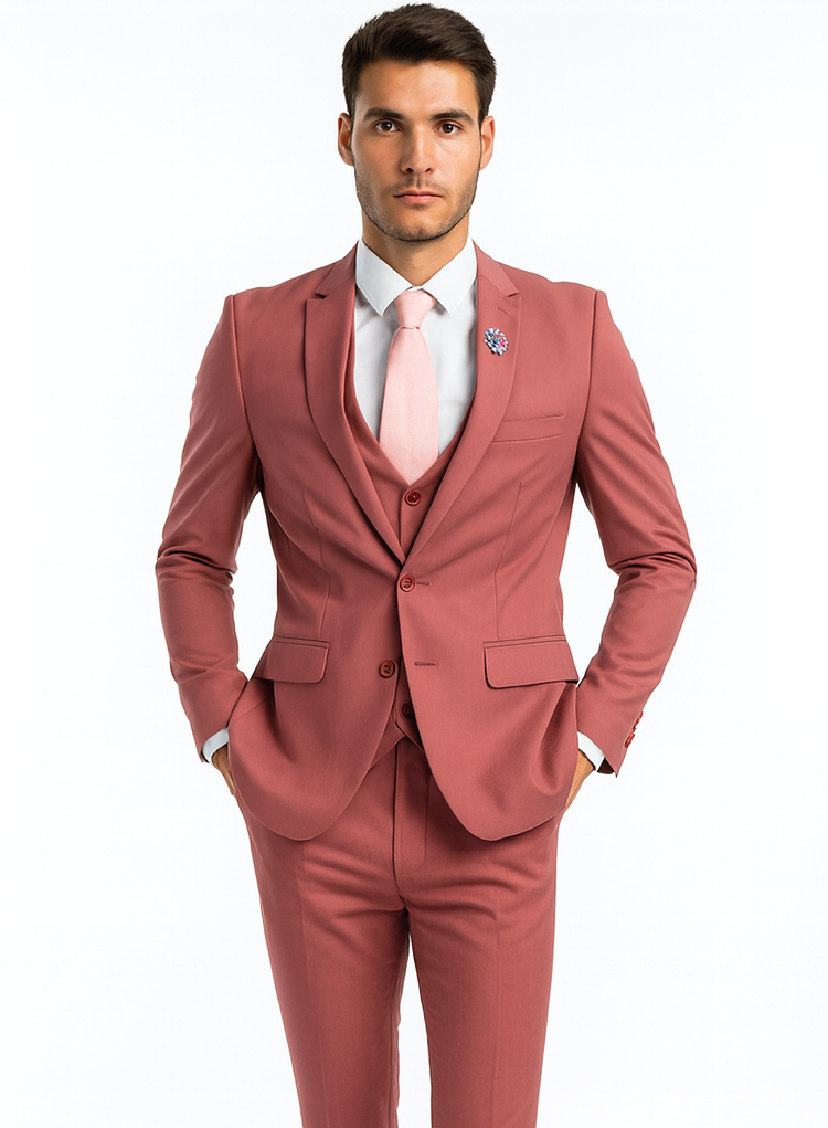 Men's One Button Peak Lapel Solid Vest in Coral Pink Slim Fit Suit