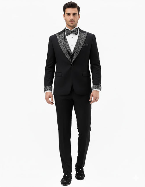 Mens One Button Rhinestone Peak Lapel Vested Prom Black Tuxedo