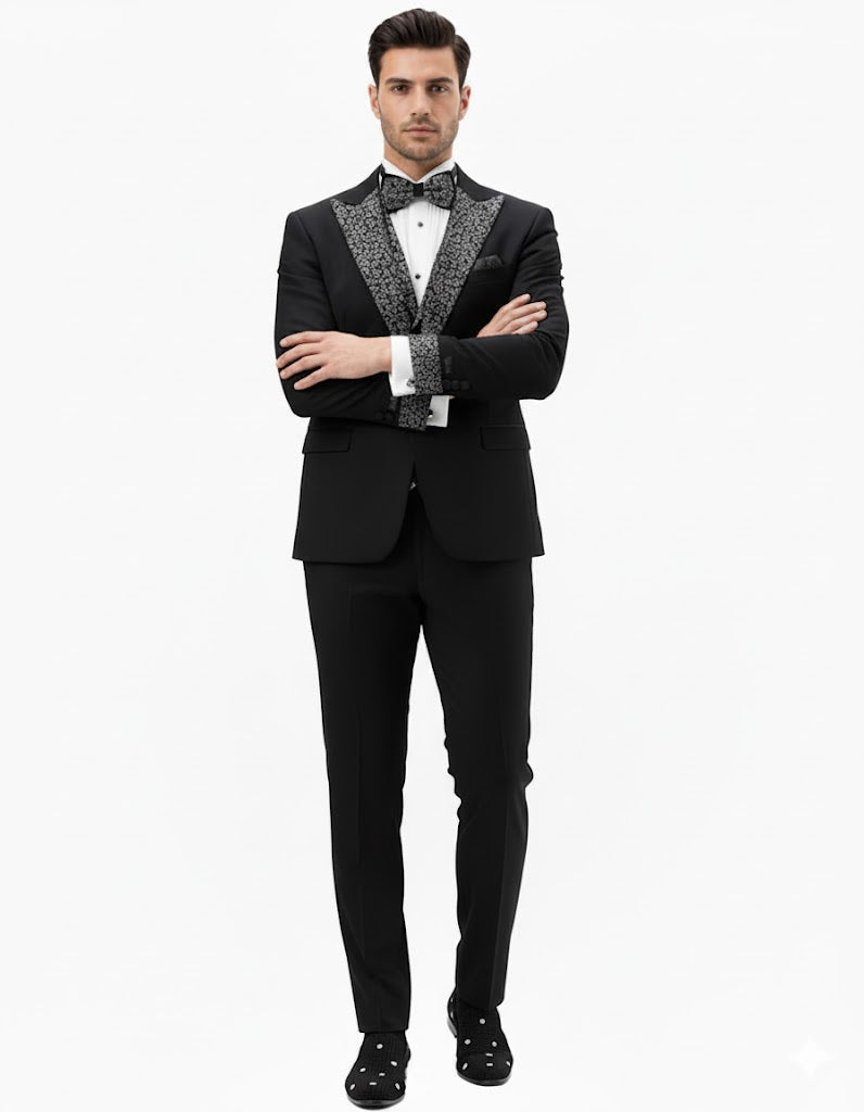 Mens One Button Rhinestone Peak Lapel Vested Prom Black Tuxedo