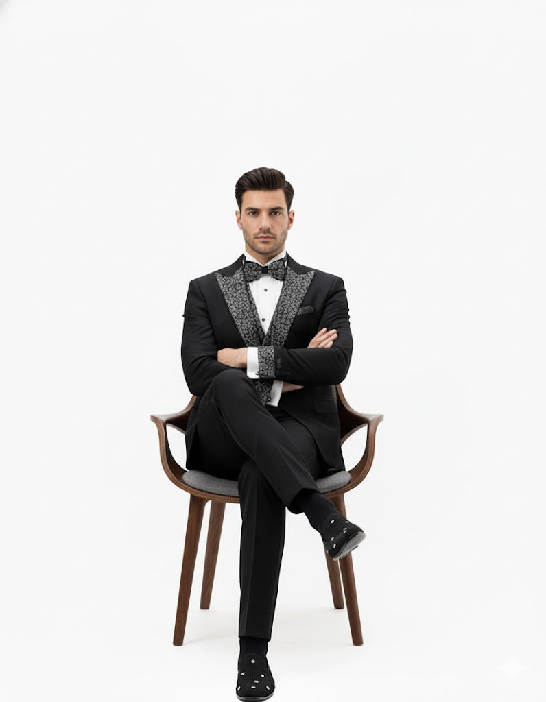 Mens One Button Rhinestone Peak Lapel Vested Prom Black Tuxedo